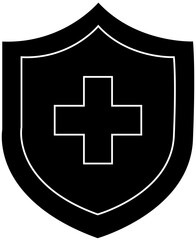 Obraz premium Shield with medical cross icon in black silhouette style representing healthcare protection, emergency safety, or first aid security, transparent background.
