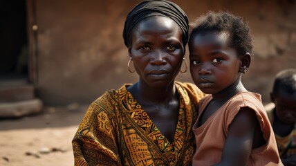 African mother holds baby. Portrait of poverty, sadness in third world. Woman with child, serious faces, deep eyes. Concept of humanity. Empathy, helping. Photo of dark skin family.