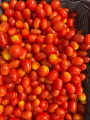 Cherry tomatoes in a basket on a market stall, close up