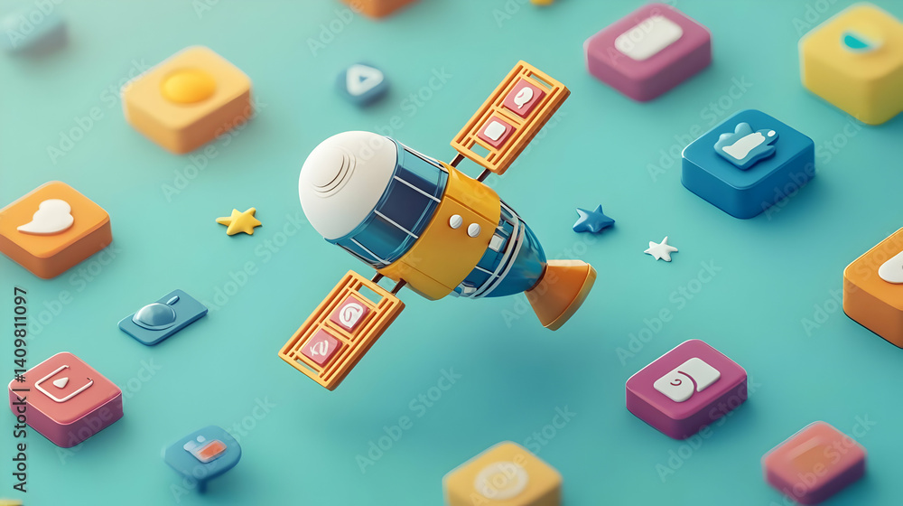 Poster pixelated satellite in mid orbit on aqua background surrounded by 3d rounded squares with multiple p