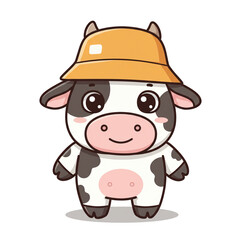 Fototapeta premium Cute cartoon cow wearing a yellow hat, smiling cheerfully against a simple white background - dairy cow