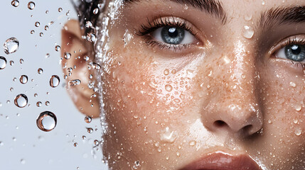 Refreshed and Radiant: Close-up of a young woman's face, with water droplets cascading down her skin, highlighting her flawless complexion and radiant beauty.