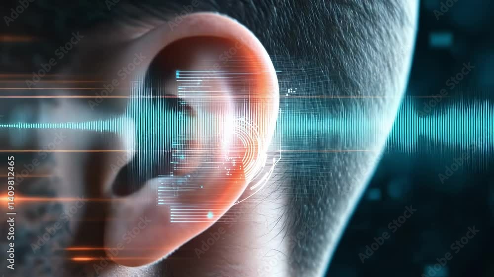 Poster digital sound waves are entering a human ear, illustrating the process of hearing and its connection