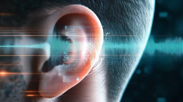 Digital sound waves are entering a human ear, illustrating the process of hearing and its connection to audiology and the perception of sound