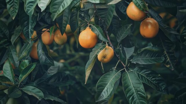 Ripe canistel hanging on a tree branch motion video, lush green leaves background footage. Egg fruit harvest clip, nature bounty stock motion picture.