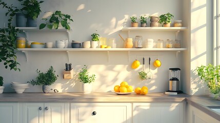 Sunny Kitchen Haven: A bright, airy kitchen is bathed in natural light, with shelves adorned with plants and fresh citrus fruits creating a fresh, inviting atmosphere. 