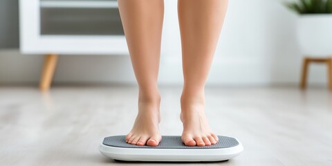 Fototapeta premium A woman is standing on a scale with her feet on it. She is wearing a white shirt and black pants