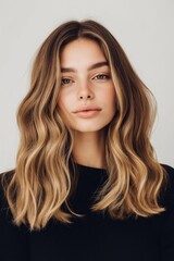Fototapeta premium A woman with long brown hair is smiling and looking at the camera. She is wearing a black shirt and has a natural, relaxed look