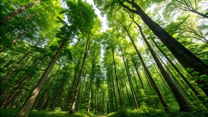 A green forest filled with the abundance of nature Ecological friendly environment concept View up to the top of the green trees