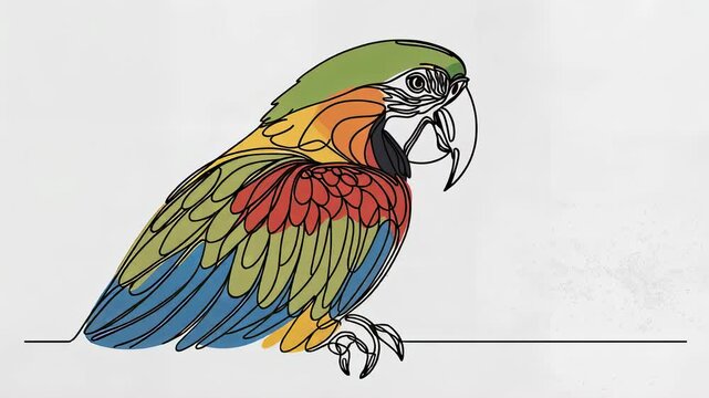 Colorful macaw parrot line art motion graphic video, tropical bird drawing with blue yellow and red plumage stock footage for nature and wildlife themes.