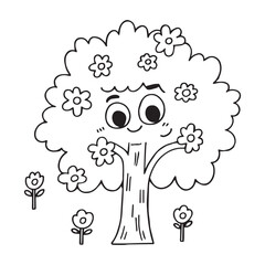 flowers and cartoon tree with face easy coloring page for children. 