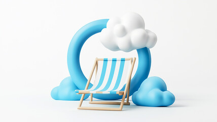 3D location icon with a beach chair and life ring on a white background, clouds in the shape of the letter O, a blue color scheme, isolated on a solid white background, viewed from a 24 angle