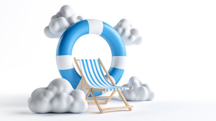 3D location icon with a beach chair and life ring on a white background, clouds in the shape of the letter O, a blue color scheme, isolated on a solid white background, viewed from a 24 angle