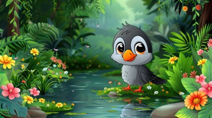 Cute bird in lush jungle scene