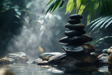 Serene stacked stones by tranquil steamy water zen garden peace