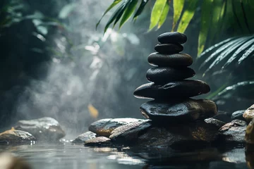 Serene stacked stones by tranquil steamy water zen garden peace