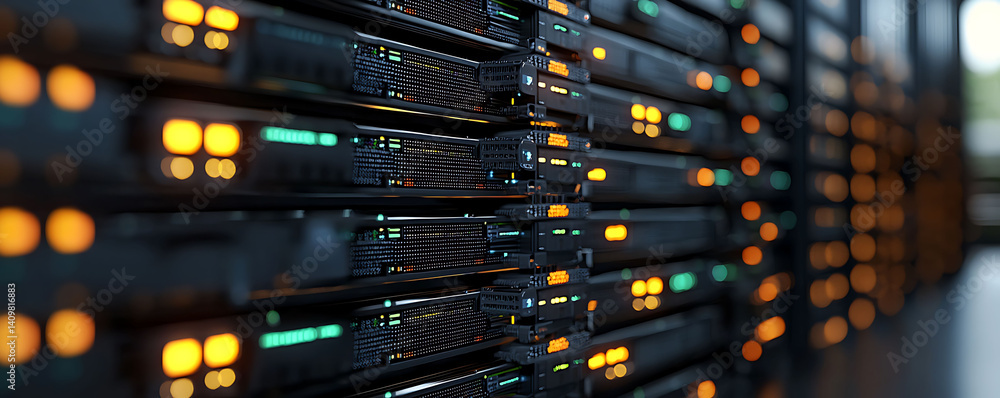 Poster intricate server rack, glowing with warm and cool lights, symbolizes the complex yet efficient natur