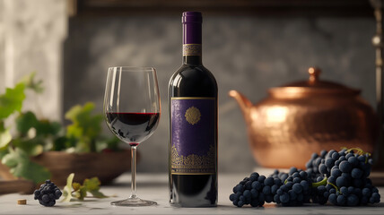 a red wine bottle with gold foil stamping and a purple label, next to a glass filled with a deep, dark-colored wine and grapes on a white marble table.