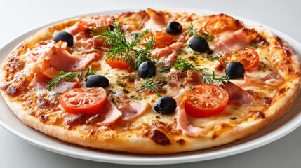 Delicious Pizza with Tomatoes, Ham, Black Olives, and Fresh Herbs
