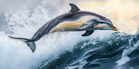 Fototapeta premium Dolphin jumping over ocean waves watercolor painting