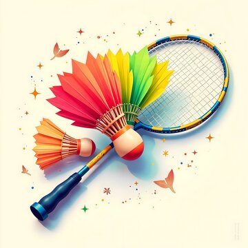 A vibrant and artistic badminton-themed illustration featuring a colorful shuttlecock with feathers in a gradient of bright hues from red to green. Beside it lies a racket with a striking blue 