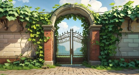 Fototapeta premium chained gate under ivy arch 3d render scene video game concept background illustration digital artwork