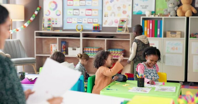 School, noisy and teacher with children in classroom for lesson, learning and education. Students, teaching and educator with loud kids playing for early development, knowledge or disruptive learners