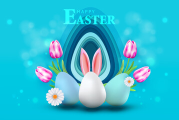 Easter blue banner with eggs, tulip, bunny ears and flower. Holiday 3D cartoon card design. Happy Easter vector.