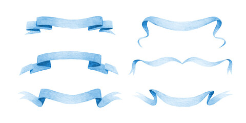 Set of six decorative blue ribbons in different shapes. Watercolor hand drawn illustration isolated on white background. Collection of banner elements. Celebration and graphic design concept for print