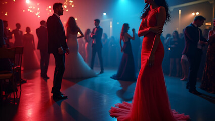 Create engaging prom night dress code imagery that fuses formal sophistication with modern fashion trends and innovative styling cues for impactful event promotion and school celebration visuals in  P