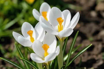 Obraz premium A bunch of white flowers with yellow centers. The flowers are in a garden and are surrounded by green grass