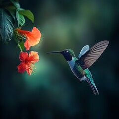 Fototapeta premium Graceful hummingbird flying around flowers in vintage pastel tones image