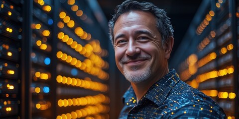 male cloud computing specialist in a data center, wearing a technical shirt