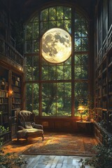 Obraz premium Interior library view with large window showing full moon and green trees.