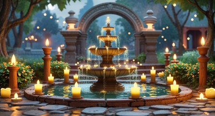 Fototapeta premium Magic fountain surrounded by candles 3d render scene video game concept background illustration digital artwork