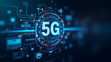 Futuristic 5G and AI Synergy: Dynamic Digital Interfaces and Graphical Elements in Technology Setting with Empty Space for Text - Photo Stock Concept