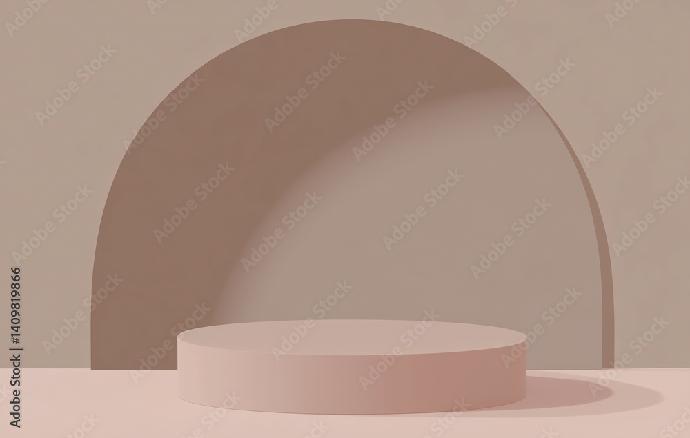 Poster simple beige podium is set against minimalist background with large arch, creating serene and elegan