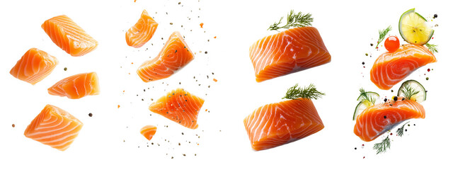 Set of salmon steaks floating in the air, isolated on a transparent background.