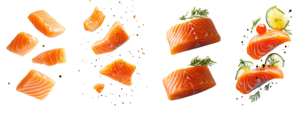 Set of salmon steaks floating in the air, isolated on a transparent background.