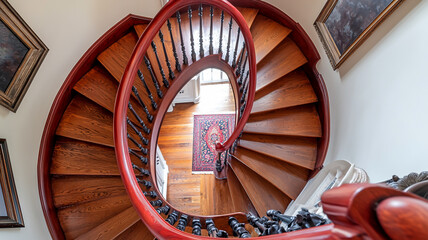 Obraz premium Spiral staircase, top view, spiral staircase, red handrail, architectural photography, interior design, home decor.