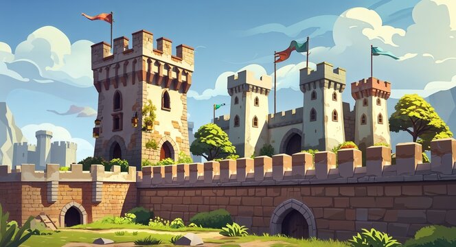 siege tower beside castle ramparts 3d render scene video game concept background illustration digital artwork