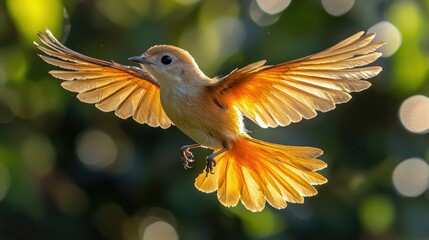 Fototapeta premium Bird in flight with wings spread against a blurred green background.