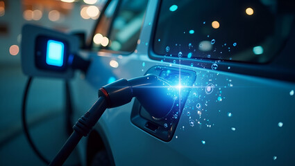 High quality photo stock image illustrating charging speed improvements with dynamic digital interfaces and advanced infrastructure for reducing EV charging times and enhancing energy replenishment in