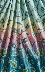 Dreamlike cinematic photo of Vineheart Sea Holly fabric from Voysey collection by Lewis & Wood, with vibrant colors, vintage film grain, and iridescent glowing background

