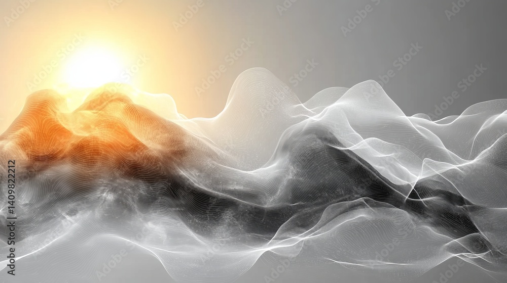 Poster a white background with a wave and stars, abstract light gray background with gradient and geometric