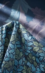 Dreamlike cinematic photo of Vineheart Sea Holly fabric from Voysey collection by Lewis & Wood, with vibrant colors, vintage film grain, and iridescent glowing background

