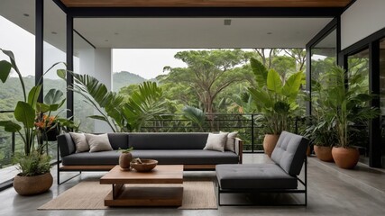 A modern outdoor living area with lush plants and furniture