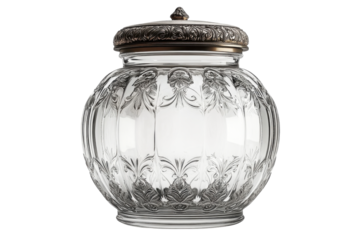 Elegant glass jar with ornate silver lid detailed etching exquisite on transparent background