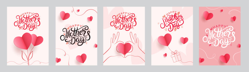 Mother's day greeting card set. Vector banner with flying pink paper hearts and hand drawn outline. Symbols of love on white background
