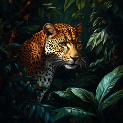 Naklejka premium Intricate leopard fur and intense eyes in tropical jungle image